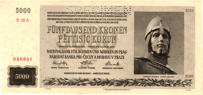 Bohemia & Moravia 5000 Korun 1944 Specimen

P# 17s, N# 285773; # S 02 A 036841...