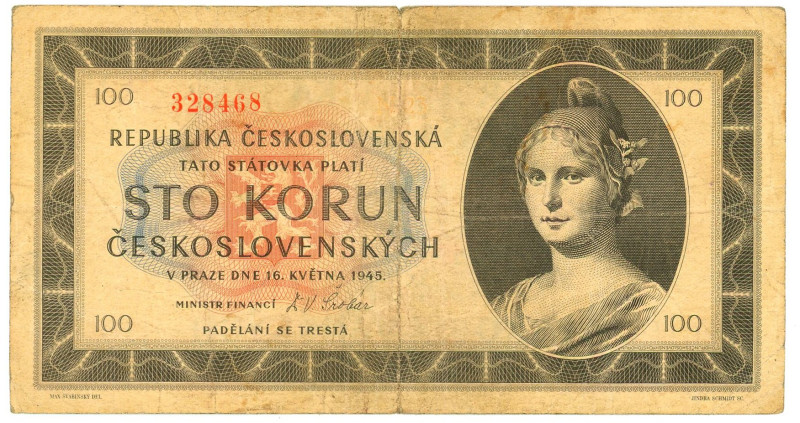 Czechoslovakia 100 Korun 1945

P# 67a, N# 207320; # 328468; VF-, Tear