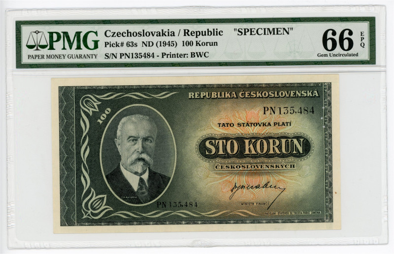 Czechoslovakia 100 Korun 1945 Specimen PMG 66 EPQ Gem Uncirculated

P# 63s, N#...