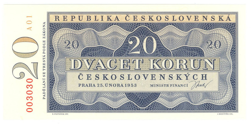 Czechoslovakia 20 Korun 1953 Fancy Number Unissued Note

# A 01 003030; With O...