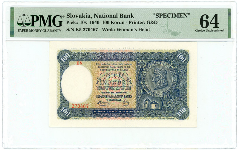 Slovakia 100 Korun 1940 Specimen PMG 64 Choice Uncirculated

P# 10s, N# 224459...