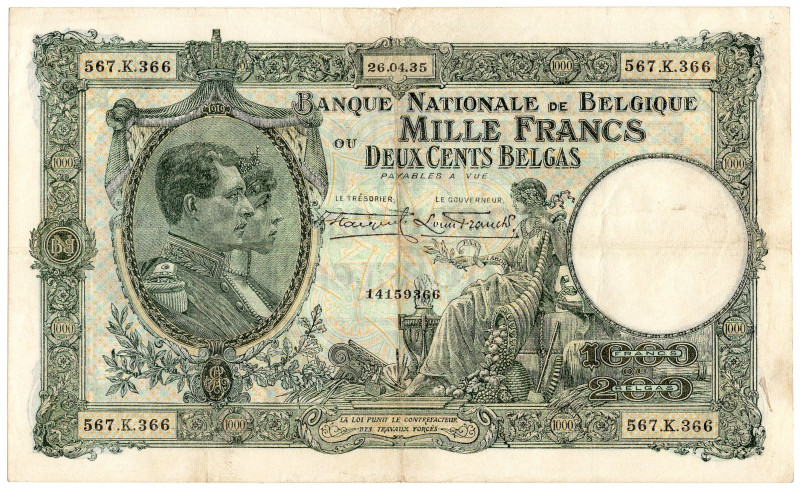 Belgium 1000 Francs / 200 Belgas 1935

P# 104, N# 218975; # 567 K 366; VF-