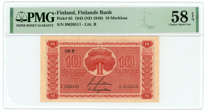 Finland 10 Markkaa 1945 - 1948 (ND) PMG 58 EPQ Choice AUNC

P# 85, N# 204872; ...