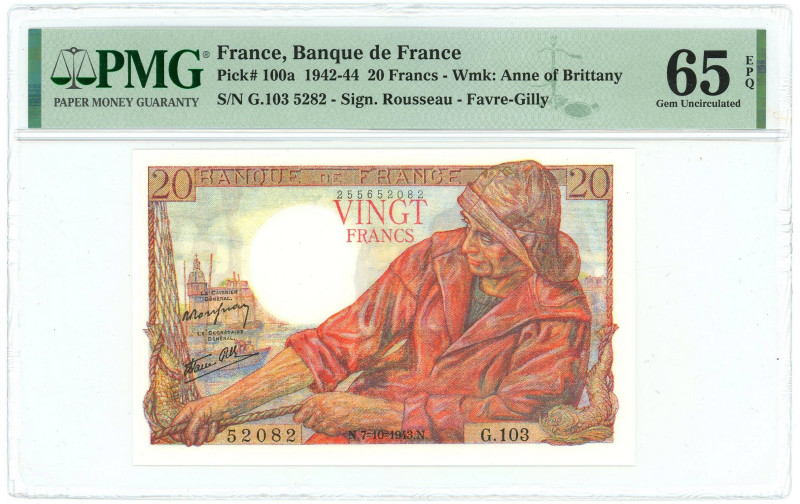 France 20 Francs 1942 - 1944 PMG 65 EPQ Gem UNC

P# 100a, N# 206539; # G.103 5...