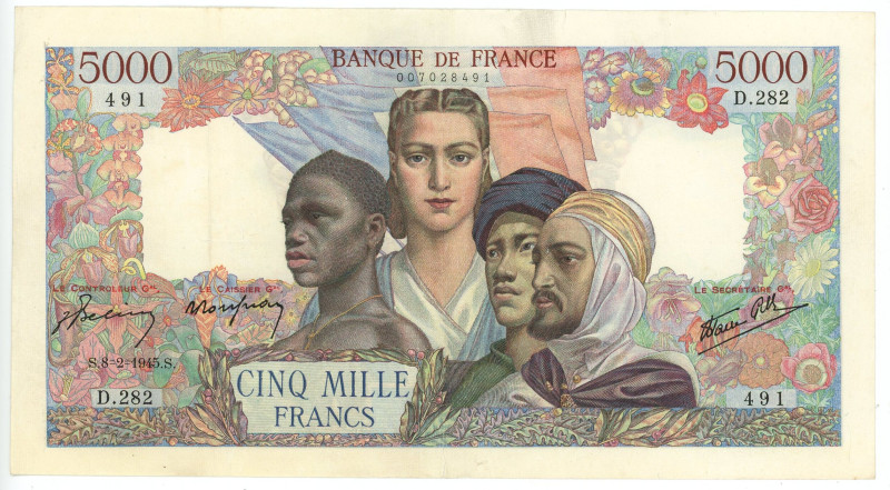 France 5000 Francs 1945

P# 103c, N# 205571; # D282 007028491; VF, Tear