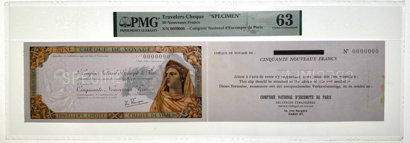 France Travelers Cheque 50 Nouveaux Francs 20 th Century Specimen PMG 63 Choice ...