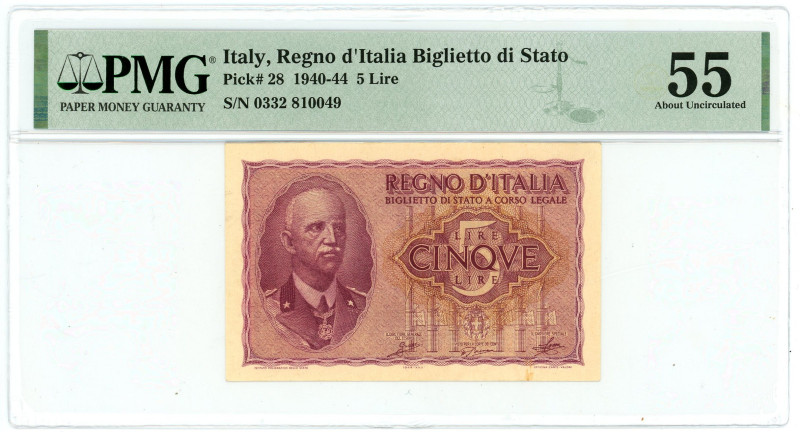 Italy 5 Lire 1940 - 1944 PMG 55 About Uncirculated

P# 28, N# 202274; # 0332 8...