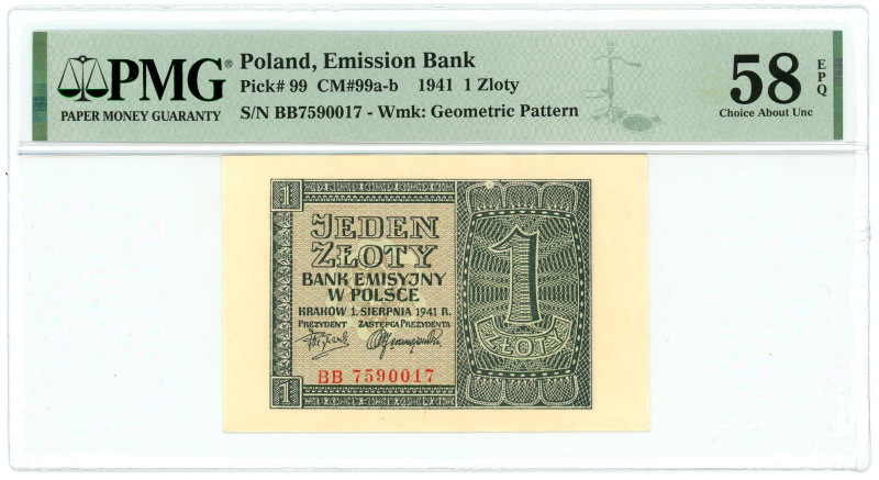 Poland 1 Zloty 1941 PMG 58 Choice About Unc

P# 99, N# 211492; # BB 7590017