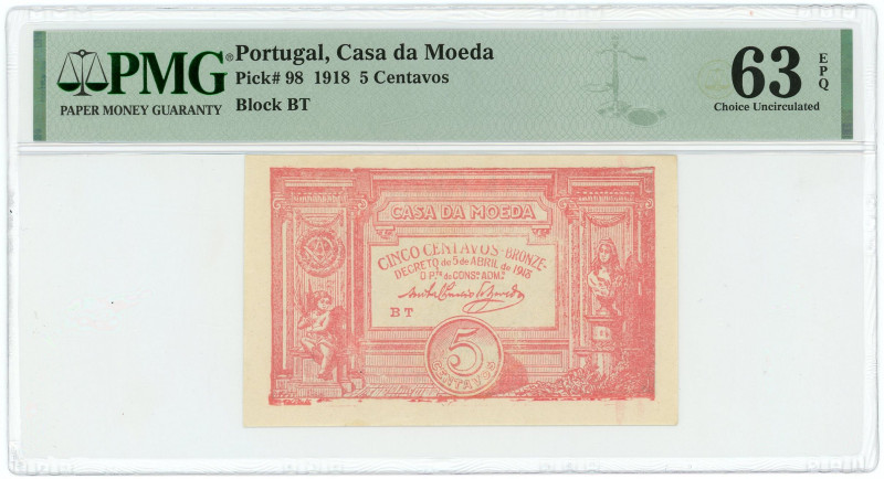 Portugal 5 Centavos 1918 PMG 63 EPQ Choice UNC

P# 98, N# 211346; # BT