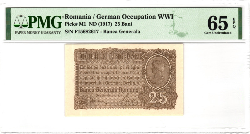 Romania 25 Bani 1917 (ND) PMG 65 EPQ Gem Uncirculated German Occupation WWI

P...