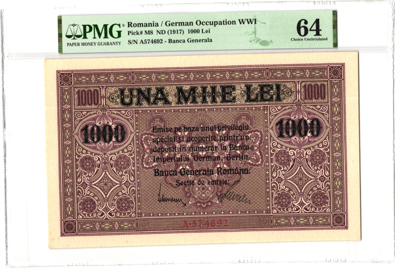 Romania 1000 Lei 1917 (ND) PMG 64 Choice Uncirculated German Occupation WWI

P...