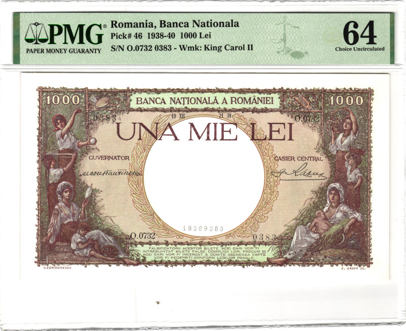 Romania 1000 Lei 1938 - 1940 PMG 64 Choice Uncirculated

P# 46, N# 206934; # O...