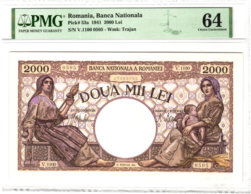 Romania 2000 Lei 1941 PMG 64 Choice Uncirculated

P# 53a, N# 205764; # V 1100 ...