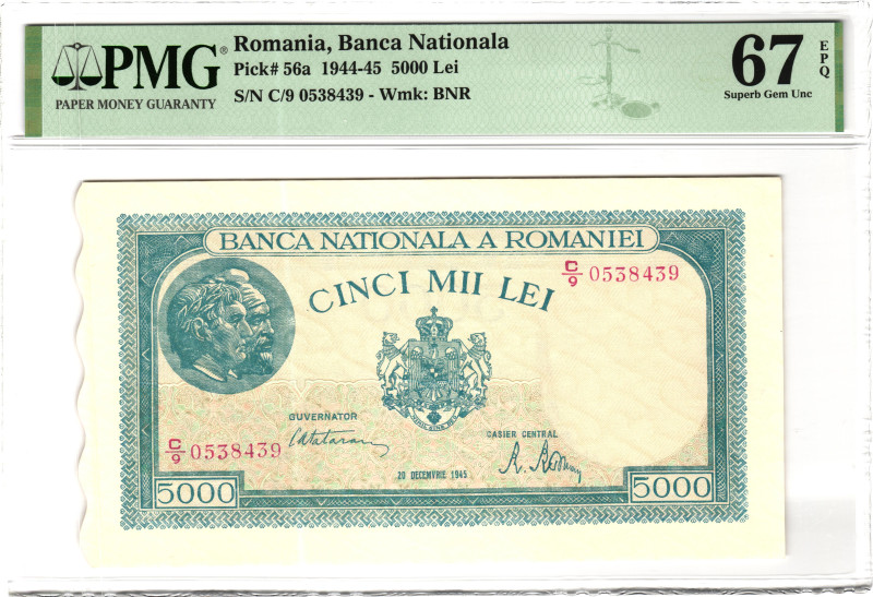 Romania 5000 Lei 1945 PMG 67 EPQ Superb Gem Unc

P# 56a, N# 206915; # C/9 0538...