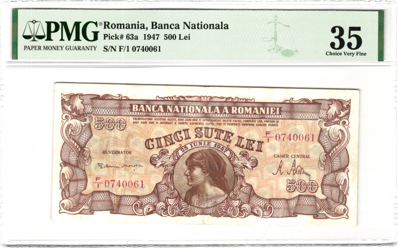 Romania 500 Lei 1947 PMG 35 Choice Very Fine

P# 63a, N# 206910; # F/1 0740061