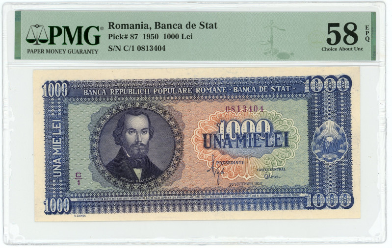 Romania 1000 Lei 1950 PMG 58 EPQ Choice AUNC

P# 87, N# 209609; # C/1 0813404