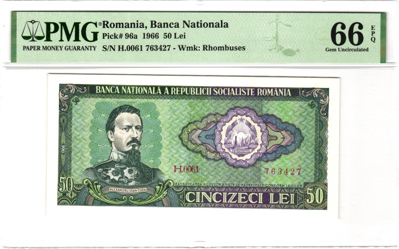 Romania 50 Lei 1966 PMG 66 EPQ Gem Uncirculated

P# 96a, N# 205770; # H 0061 7...