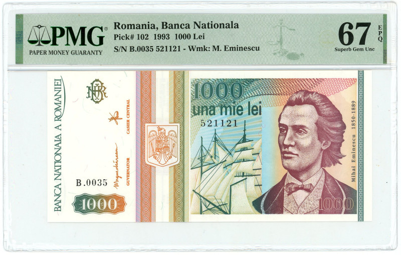 Romania 1000 Lei 1993 PMG 67 EPQ Superb Gem UNC

P# 102, N# 206886; # B.0035 5...