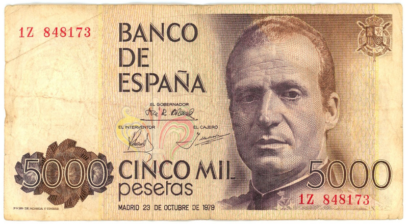 Spain 5000 Pesetas 1979

P# 160, N# 205251; # 1 Z 848173; VF