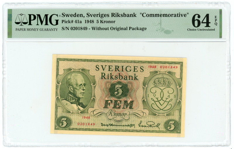 Sweden 5 Kronor 1948 PMG 64 EPQ Choice UNC

P# 41a, N# 206123; # 201849