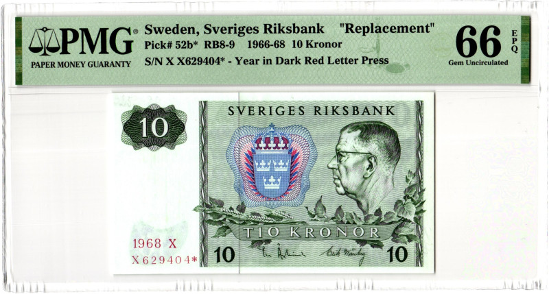 Sweden 10 Kronor 1966 - 1968 PMG 66 EPQ Gem Uncirculated

P# 52b*, N# 202686; ...