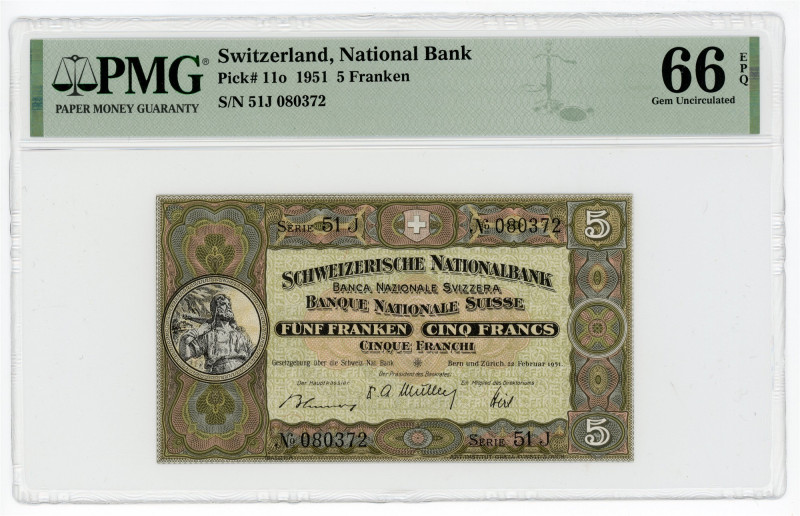 Switzerland 5 Franken 1951 PMG 66 EPQ Gem Uncirculated

P# 11o, N# 218240; # 5...