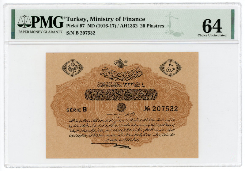 Turkey Ottoman Empire 20 Piastres 1916 - 1917 (ND) AH 1332 PMG 64 Choice Uncircu...