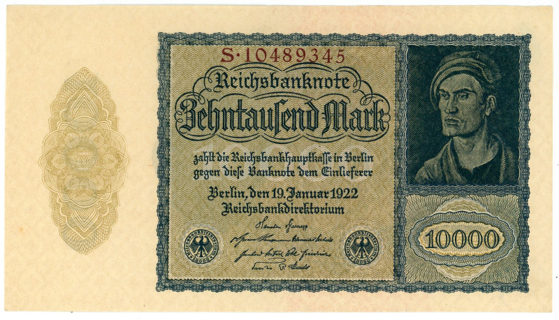 Germany - Weimar Republic 10000 Mark 1922

P# 72, N# 208632; # S 10489345; AUN...