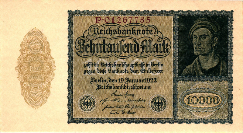 Germany - Weimar Republic 10000 Mark 1922

P# 72, N# 208632; # P 01267785; XF+