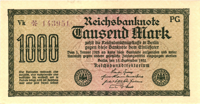 Germany - Weimar Republic 1000 Mark 1922

P# 76, N# 202207; # VK 143951; UNC