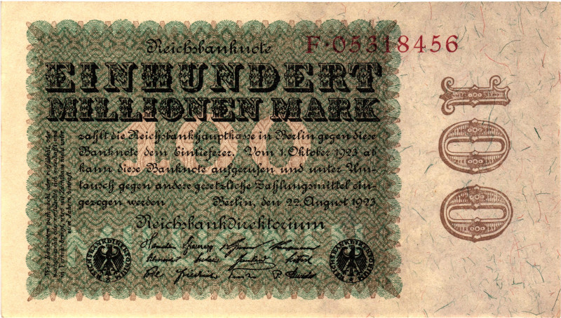 Germany - Weimar Republic 100 Millionen Mark 1923

P# 107a, N# 203593; # F 053...