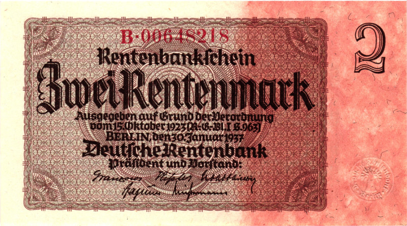 Germany - Third Reich 2 Rentenmark 1937

P# 174b, N# 203658; # B 00648218; UNC