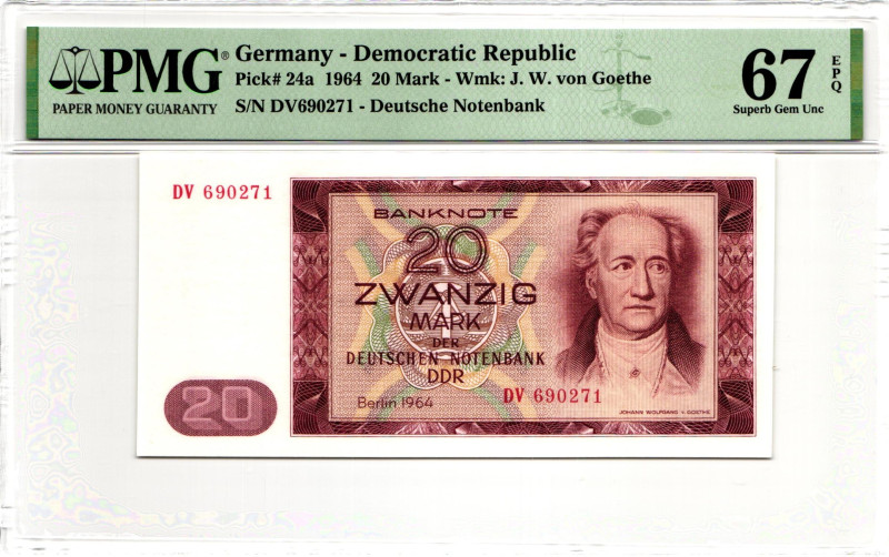 Germany - DDR 20 Mark 1964 PMG 67 EPQ Superb Gem Unc

P# 24a, N# 209131; # DV ...