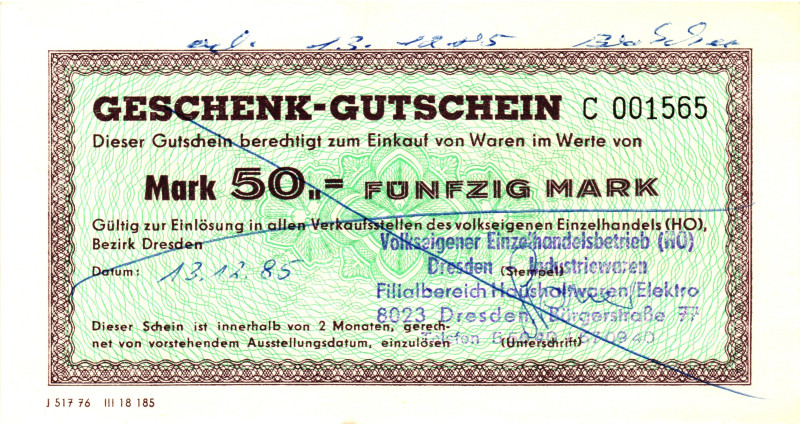 Germany - DDR Dresden Commodity Voucher 50 Mark 1985

# C 001565; AUNC