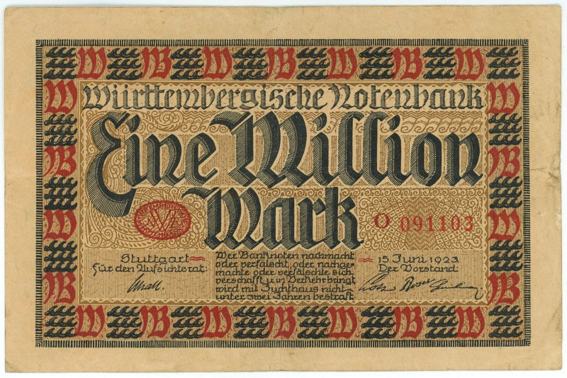 Germany - Weimar Republic Württembergische Notenbank 1 Million Mark 1923

P# S...