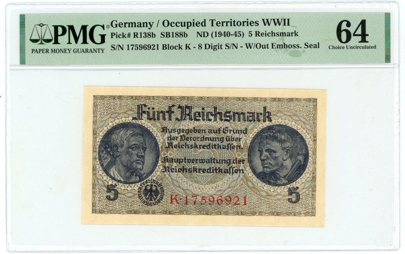 Germany - Third Reich 5 Reichsmark 1940 - 1945 (ND) PMG 64 Choice UNC

P# R138...