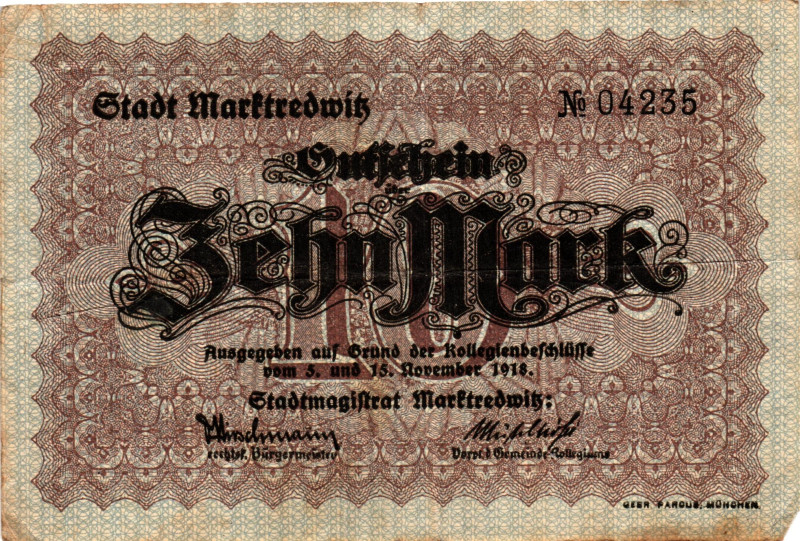 Germany - Weimar Republic Marktredwitz 10 Mark 1918

# 04235; Now Marktredwitz...