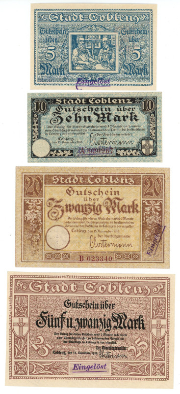 Germany - Weimar Republic Coblenz Lot of 4 Bank notes 1918

Now Koblenz in Ger...