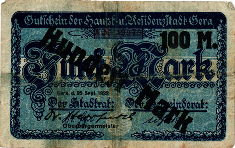 Germany - Weimar Republic Gera 100 on 5 Mark 1922

# 49978; Now Gera in German...