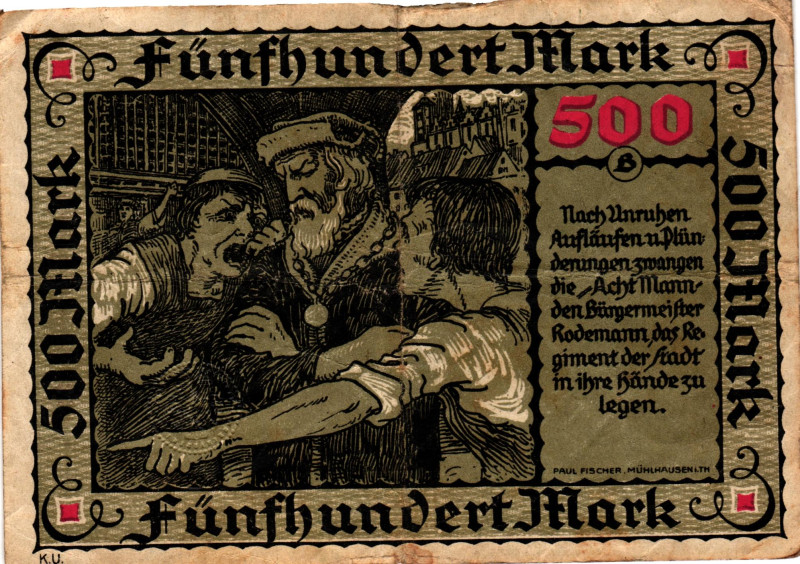 Germany - Weimar Republic Muhlhausen 500 Mark 1922

# 010984; Now Muhlhausen i...