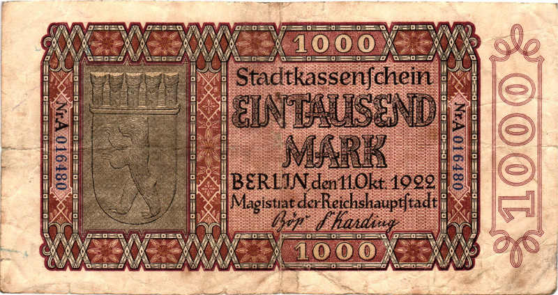 Germany - Weimar Republic Berlin 1000 Mark 1922

N# 357144; # 016480; Now Berl...