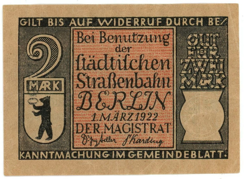 Germany - Weimar Republic Berlin 2 Mark 1922

N# 213552; # 062543; Now Berlin ...