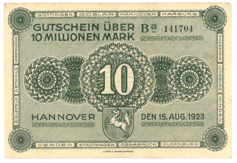 Germany - Weimar Republic Hanover 10000000 Mark 1923

N# 223950; # BA 141704; ...