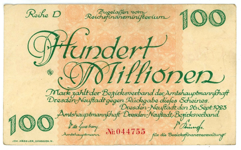 Germany - Weimar Republic District of Dresden-Neustadt 100000000 Mark 1923

N#...