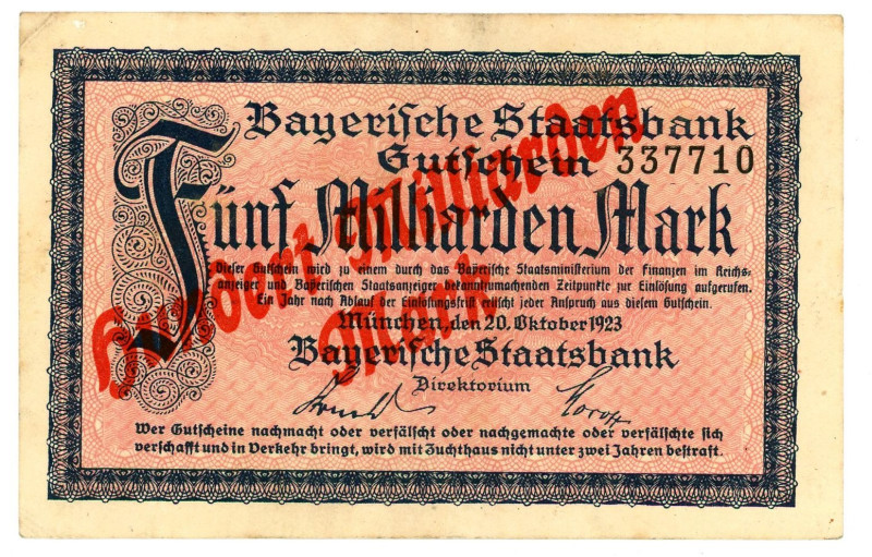 Germany - Weimar Republic Bayerische Staatsbank 100000000000 Mark 1923

N# 402...