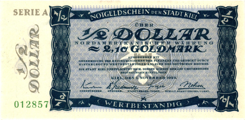 Germany - Weimar Republic Kiel 1/2 Dollar / 2,1 Goldmark 1923

# A 012857; UNC