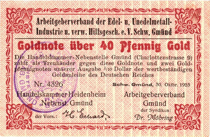 Germany - Weimar Republic Schwabisch Gmund 40 Gold Pfennig 1923

XF