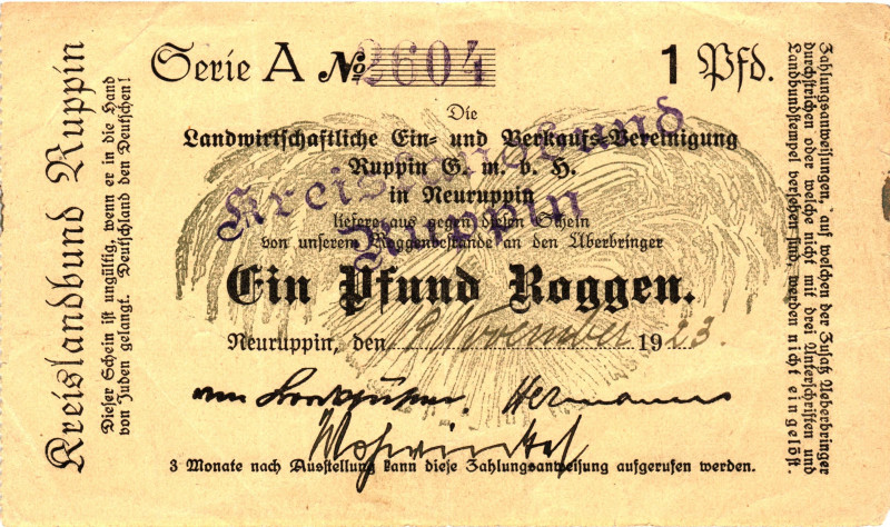 Germany - Weimar Republic Brandenburg 1 Pfund Roggen 1923

# A 2604; VF