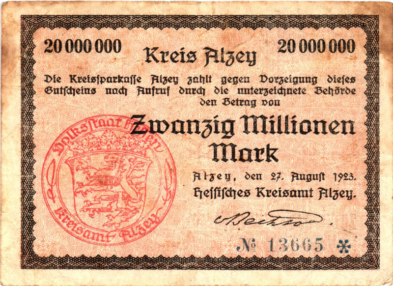 Germany - Weimar Republic Alzey 20 Million Mark 1923

# 13665; Now Alzey in Ge...