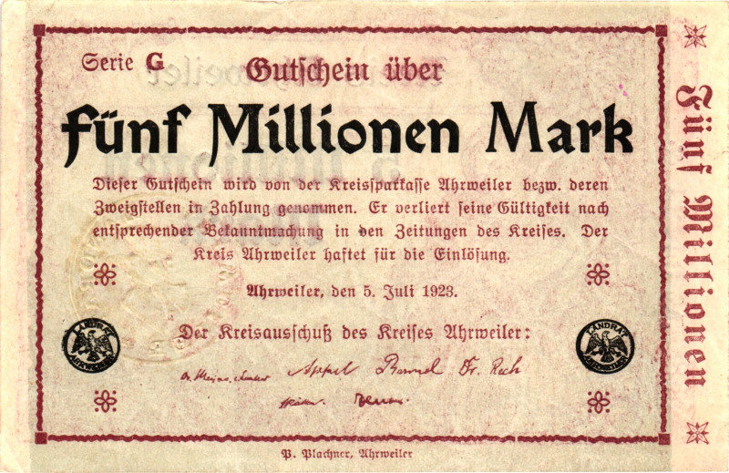 Germany - Weimar Republic Ahrweiler 5 Million Mark 1923

# G 04424; Now Ahrwei...